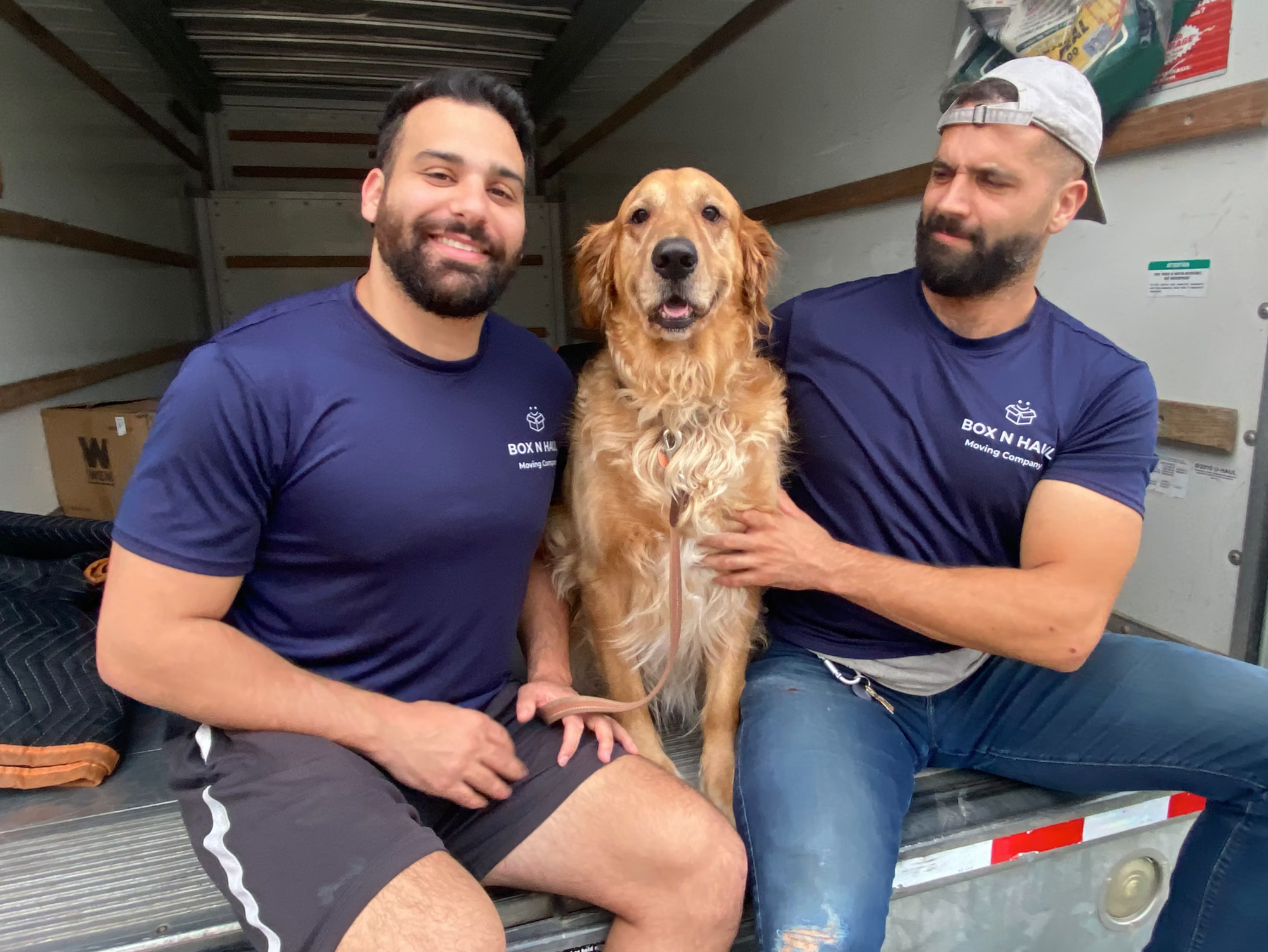 Box N Haul Moving crew taking a break with a friendly golden retriever in the moving truck.