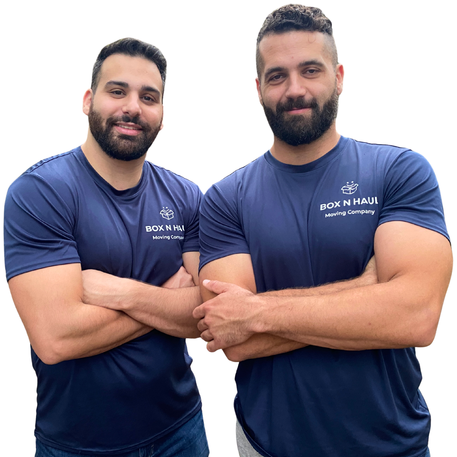 Cam and Kyle of Box N Haul Moving, standing with arms crossed in branded shirts